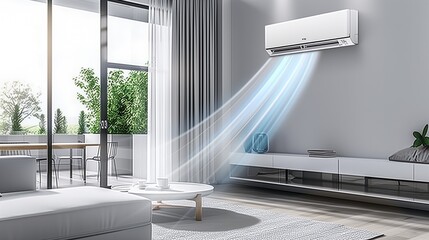 A room with the air conditioner encompasses blue waves of clean air