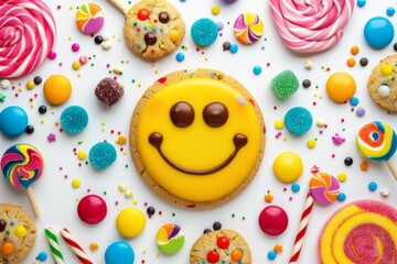 A smiley face cookie surrounded by colorful candies and sweets - Powered by Adobe