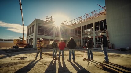 A construction crew at a new building wide angle