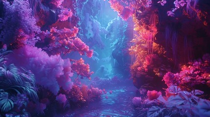 Vibrant bursts of neon hues intertwining to create an ethereal, otherworldly garden in digital form.