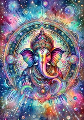 A vibrant watercolor illustration of Ganesha, the Hindu elephant god, within a cosmic mandala surrounded by galaxies and stars. Colorful and spiritual artwork for meditation and yoga practices