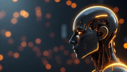 A futuristic cyborg head with glowing circuits and lights, set against a dark background with blurred orange and yellow lights, suggesting a technological theme - obrazy, fototapety, plakaty