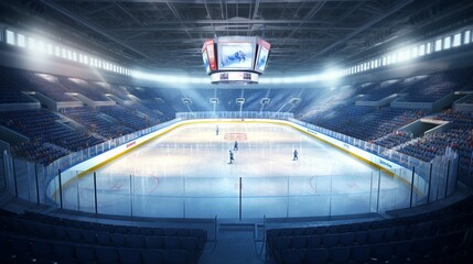 Ice hockey arena with skates and players. 3d rendering.