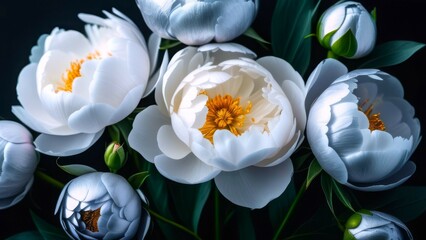 white and silver peonies against dark background. concepts: interior decor, prints for home or office decoration, brochures, catalogs, or promotional materials related to nature and beauty, wedding