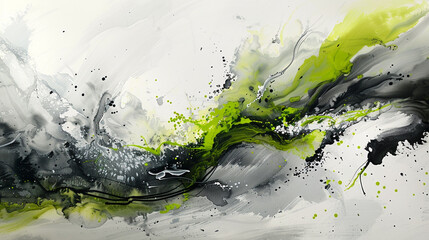 Channeling the energy of watercolor and ink into a dynamic gray and white composition, punctuated by bursts of green, to create a striking abstract piece that celebrates fluidity and creativity. 