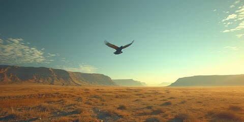 A single bird flying over a vast, empty desert landscape, creating a point of interest in the minimalistic setting.