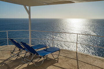 Two empty sunbeds with stunning sea view on Kefalonia island, Ionian sea, Greece. - 790410617