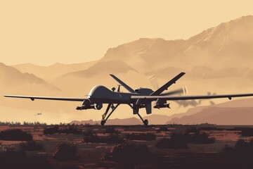 A lone drone preps for operation in a desert setting, illustrated with warm tones and mountain backdrops. - obrazy, fototapety, plakaty