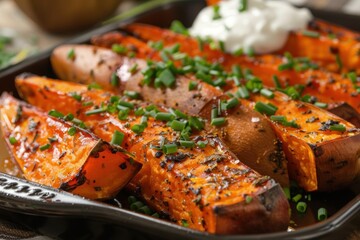 A tray of oven-roasted sweet potatoes, seasoned with herbs and spices, served with a dollop of Greek yogurt and a sprinkle of chopped chives.