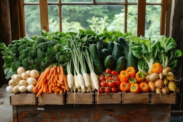 A vibrant assortment of fresh vegetables arranged neatly on a rustic wooden table, with soft natural light filtering in from the side. - obrazy, fototapety, plakaty