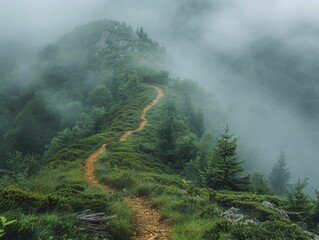 Navigating through the dense fog, only a minimalist trail remains visible along the obscure forest path.