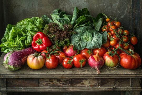 A vibrant assortment of fresh vegetables arranged neatly on a rustic wooden table, with soft natural light filtering in from the side.