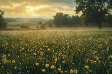 The gentle touch of dawn's dew on a lonely field, revealing nature's raw beauty and delicate essence. - obrazy, fototapety, plakaty