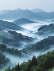 Obraz premium The serene beauty of dawn's mist unveils a tranquil terrain with cascading hills in a simplistic vista.