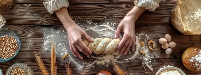 Top-down view of hands braiding bread dough on a rustic wooden surface with baking ingredients around.
