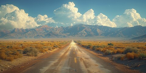 A solitary journey unfolds along an empty desert road, stretching towards distant mountains under a vast sky. - obrazy, fototapety, plakaty