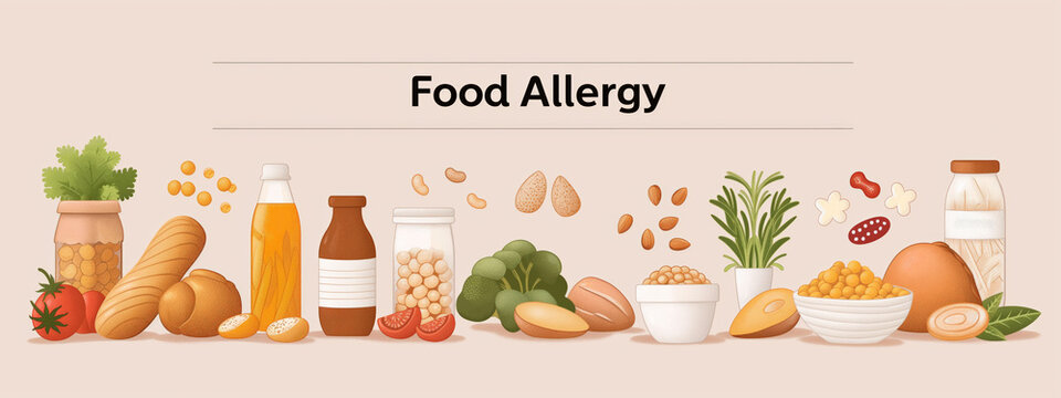 Illustrative banner of various foods with 'Food Allergy' text, indicating allergen awareness.