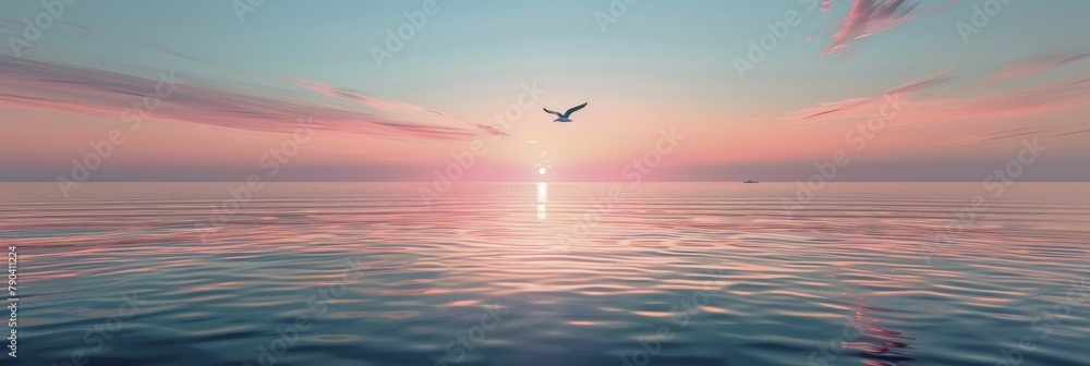 Canvas Prints Flat horizon at sea with a single bird flying across a minimalist sky at dawn.