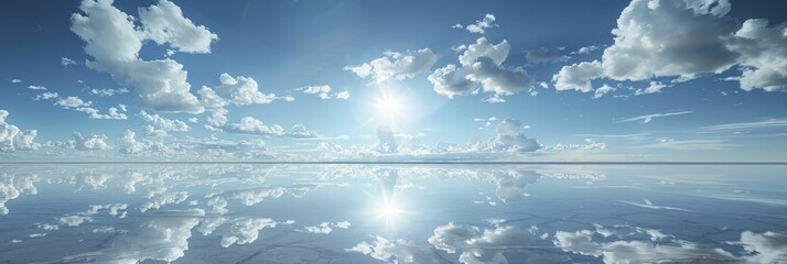 Endless salt flat stretches under the scorching sun, reflecting the sky like a flawless mirror.