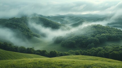 As the sun rises, light fog blankets the tranquil hills, crafting a serene minimalist vista of gentle undulations.