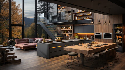 A luxurious contemporary kitchen and living space in a mountain home, showcasing elegant wooden design elements and glass walls with a twilight forest backdrop - Generative AI