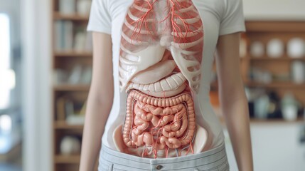  A visual representation of the human digestive system superimposed on a person, for educational purposes. - obrazy, fototapety, plakaty
