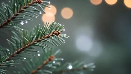 A close-up of a pine tree branch with water droplets on the needles, set against a blurred, bokeh background