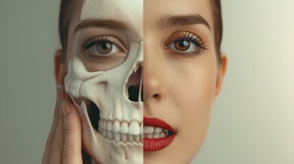  Split image of a woman's face with a skeletal structure, exploring the juxtaposition of life and anatomy.
