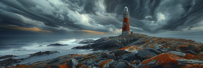 The lonely lighthouse stands resilient on the desolate rocky shore amidst the raging storm above. - obrazy, fototapety, plakaty
