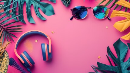 colorful summer background concept summer music party with headphones sunglasses and tropical leaves copy space. banner with space for text horizontal