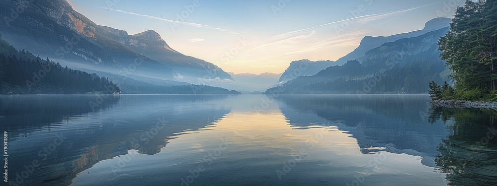 Canvas Prints The serene mountain lake at sunrise showcased a tranquil reflection and subtle color tones.