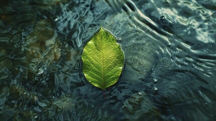 A single leaf delicately floats on water, its tranquil presence enhanced by subtle ripples forming a textured backdrop.