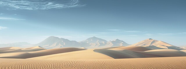Minimalist desert landscape at midday, with long shadows and textured sand dunes under a cloudless sky.