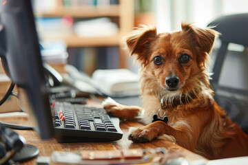 Cute dog in an office answering calls in a call center. Generative AI