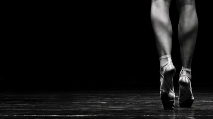 Black and white photo of ballet dancer's feet on tiptoe on a dark stage.