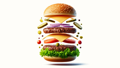 a hamburger with its layers floating in the air