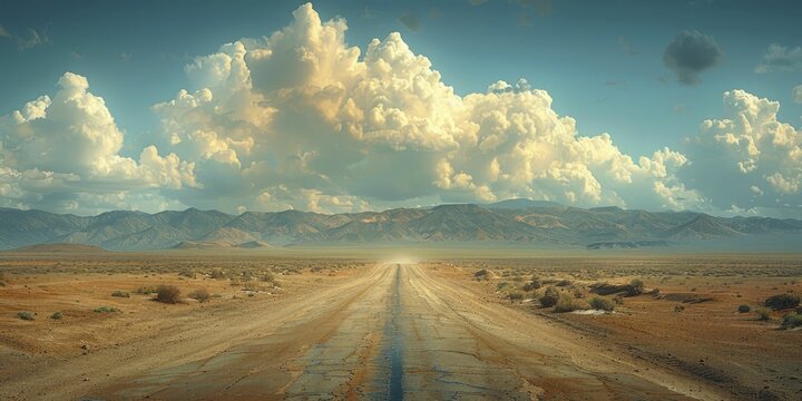 Traversing the vast desert expanse, the open road stretches endlessly beneath the vast, limitless sky.