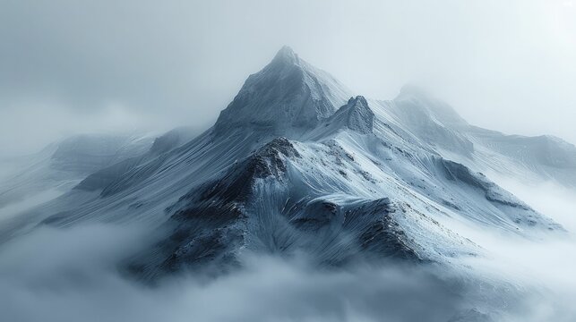 Experience the serene beauty of a misty mountain vista, where clean lines and form take center stage in nature's canvas.