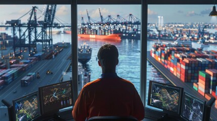Observing Busy Port Activity As An Engineer, From A Rear Perspective. Сoncept Industrial Engineering, Port Operations, Rear Observation, Busy Port Activity