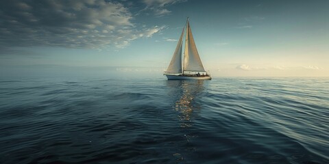 A lone sailboat gracefully navigates the expansive ocean, under a serene sky and tranquil waters, against a distant horizon. - obrazy, fototapety, plakaty