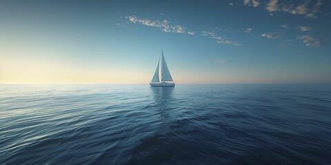 A lone sailboat peacefully drifts on the expansive ocean, where the horizon meets the calm sea in perfect harmony.