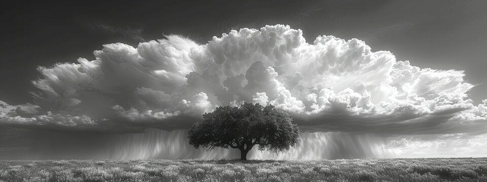 A lone tree stands stoic as a thunderstorm brews dramatically over the vast plain in a simple yet captivating scene.