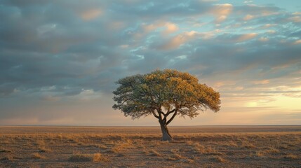 Sweeping view of a solitary tree on a vast, barren plain, under a vast sky at dusk.