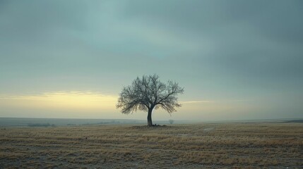The lone tree stands proudly in the vast, desolate expanse beneath the vast, darkening sky at twilight.