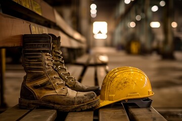 A close-up image of a pair of sturdy, steel-toe boots and a hard hat placed carefully on a wooden bench in a quiet, empty factory setting