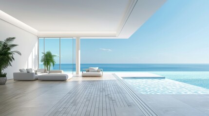 A large open living room with a view of the ocean. The room is filled with white furniture and a potted plant. Scene is calm and relaxing, as the ocean view