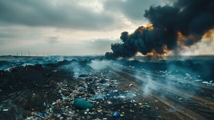 Pollution of the environment. Garbage in the city. Garbage dump. Environmental pollution. Fire at the landfill. The concept of ecological disaster, disaster, disaster.