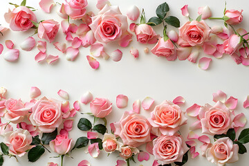 Close up of blooming pink roses flowers and petals on white background, floral banner with empty space. Ideal for romantic or celebration-themed designs.