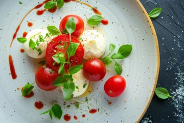 A dish of tomato, mozzarella, and basil on a table