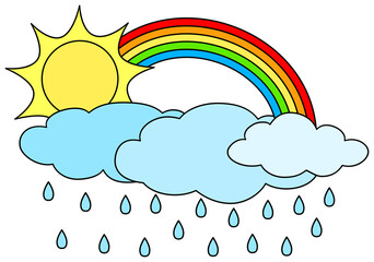 Sun with rainbow and clouds clipart. Cartoon illustration. Weather symbol.